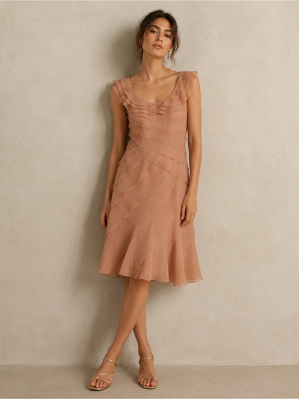Adrianna Papell Nude Blush Chiffon Layered Sleeveless Cocktail Dress - Size 8